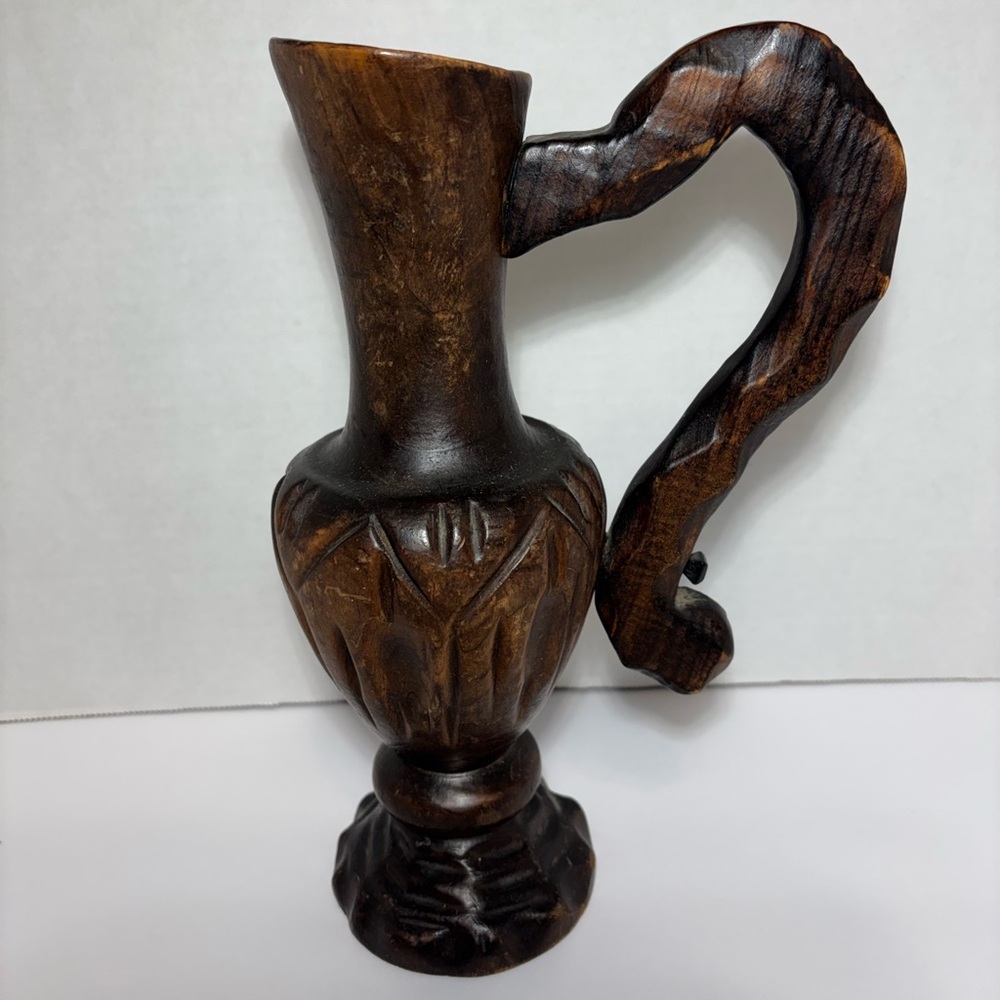 Handcrafted Carved Wood Pitcher Vase with Handle VTG 10” Spain 1960’s